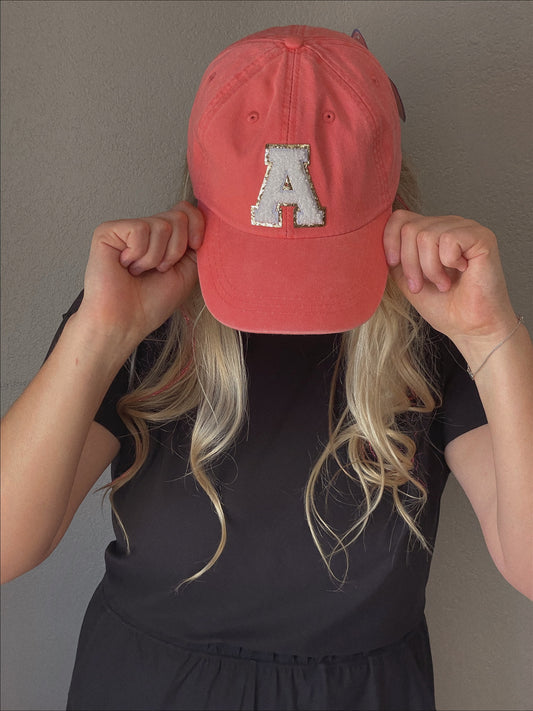 Personalized Coral White Glitter Initial Letter Patch Unstructured Hat