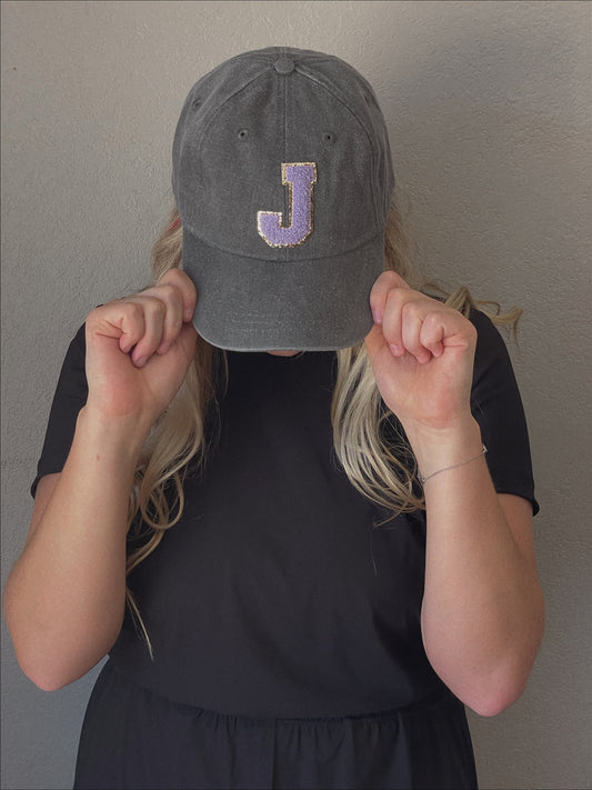 Personalized Charcoal Light Purple Glitter Initial Letter Patch Unstructured Hat