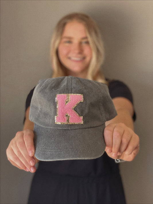 Personalized Charcoal Light Pink Glitter Initial Letter Patch Unstructured Hat