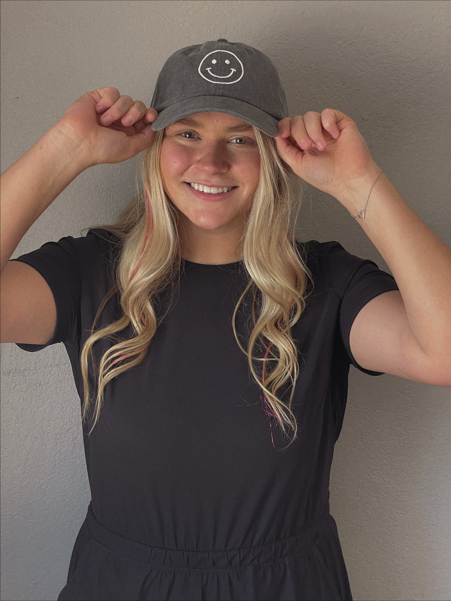 Charcoal Embroidered Smiley Face Unstructured Hat