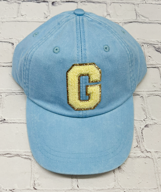 Personalized Baby Blue Yellow Glitter Initial Letter Patch Unstructured Hat