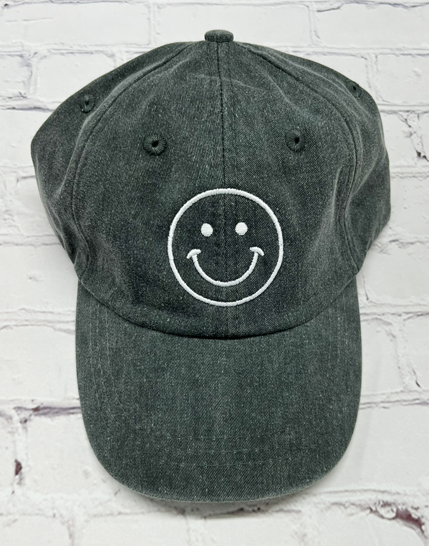 Charcoal Embroidered Smiley Face Unstructured Hat