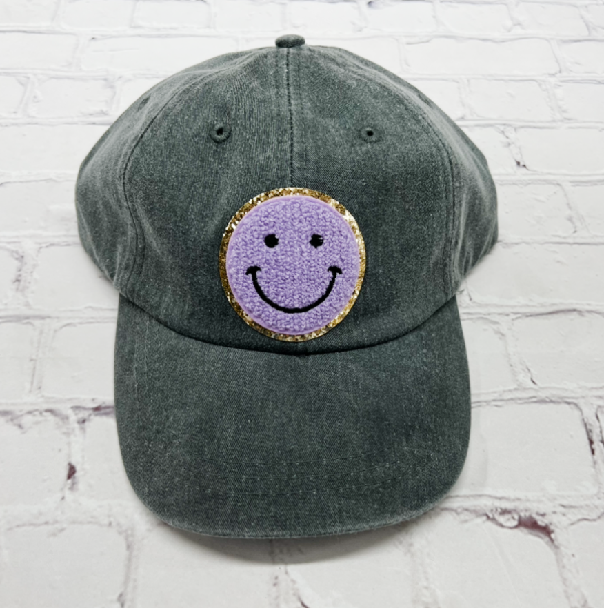Charcoal Purple Glitter Smiley Face Patch Unstructured Hat