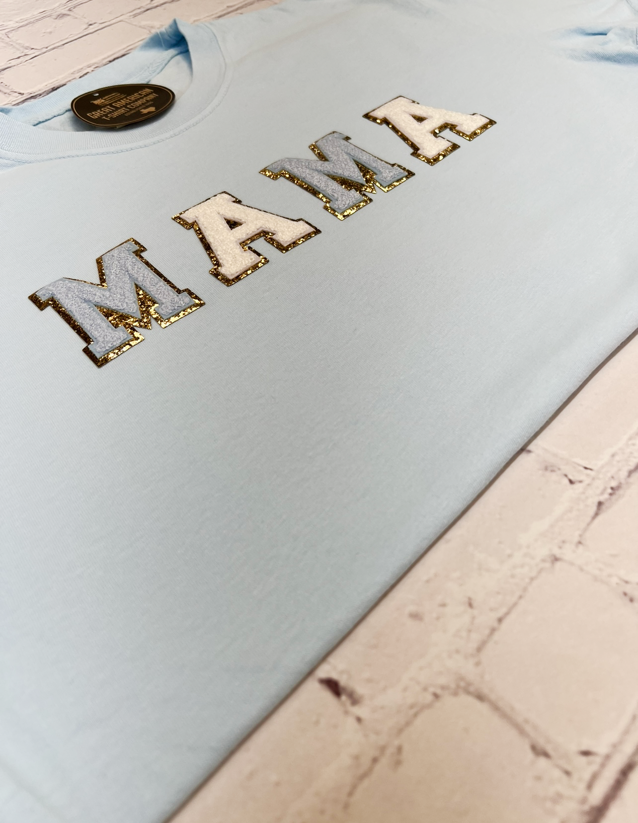 Light Blue Mama Glitter Patch Graphic Tee