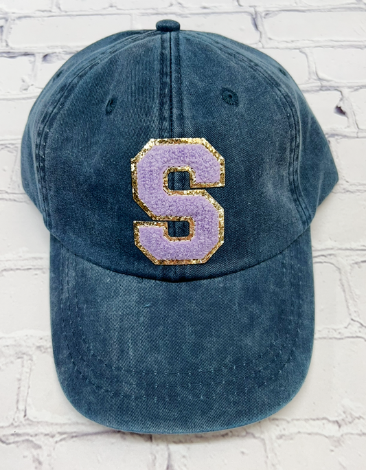 Personalized Midnight Light Purple Glitter Initial Letter Patch Unstructured Hat