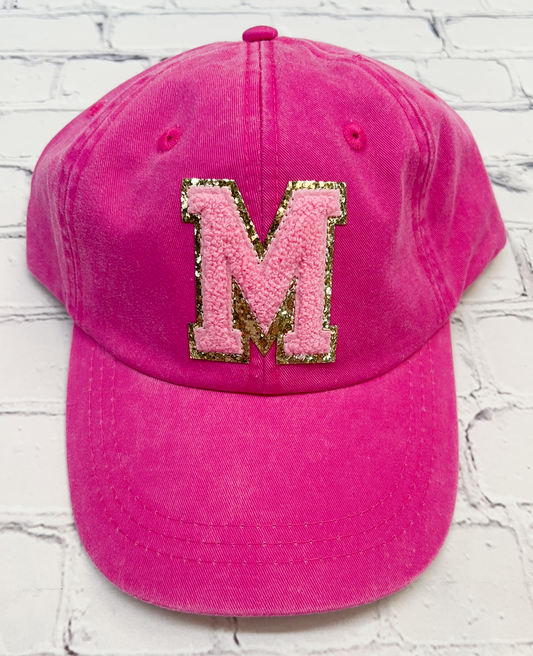 Personalized Neon Pink Light Pink Glitter Initial Letter Patch Unstructured Hat