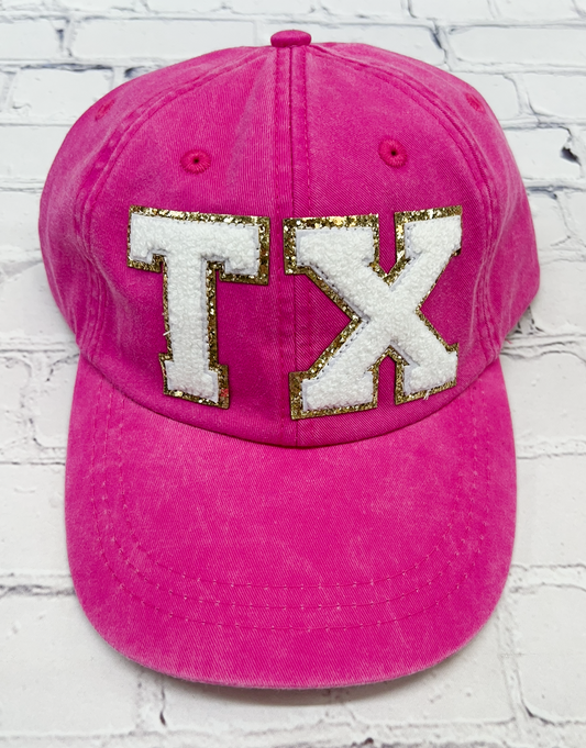 Neon Pink TX Glitter Letter Patch Unstructured Hat