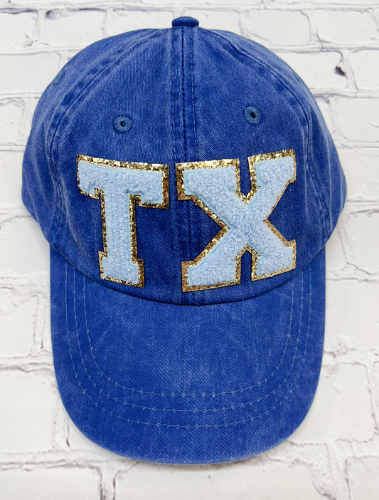 Royal Blue TX Glitter Letter Patch Unstructured Hat