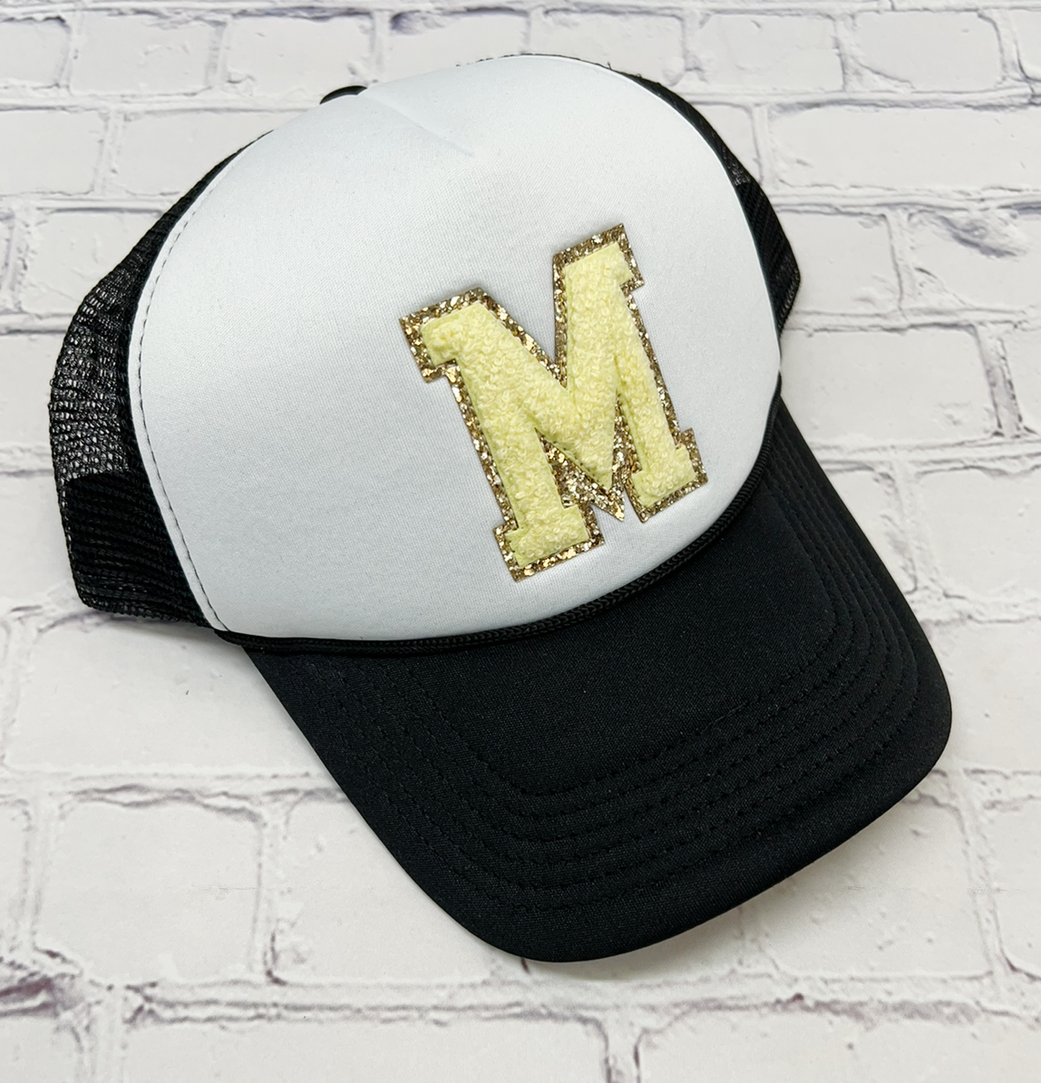 Personalized Yellow Glitter Initial Letter Patch Foam Hat