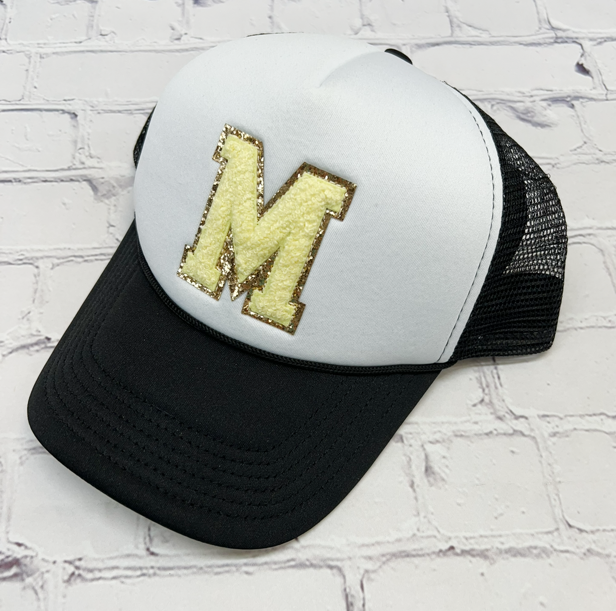 Personalized Yellow Glitter Initial Letter Patch Foam Hat